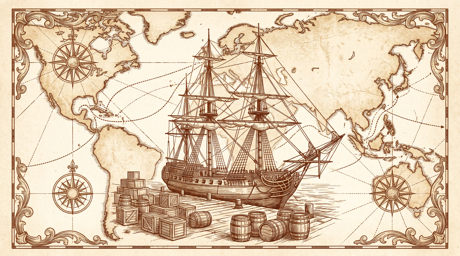 Vintage world map with shipping routes